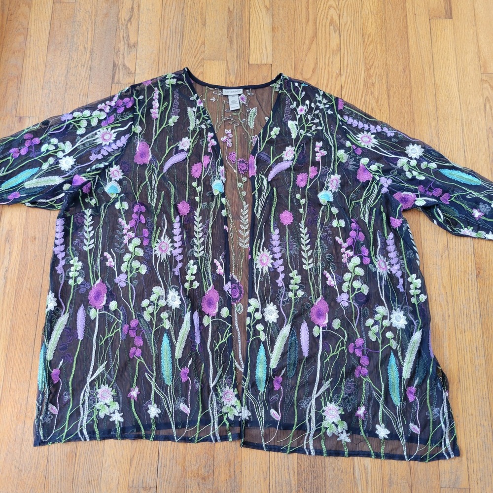 Catherines 5X Kimono Black Floral Embroideredā Mesh Sheer Cardigan Duster Whimsy